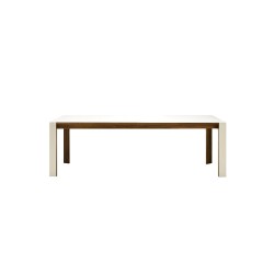 Table à rallonge avec structure noyer massif verni, plateau recouvert de corian blanc, pieds sur so chic so design 